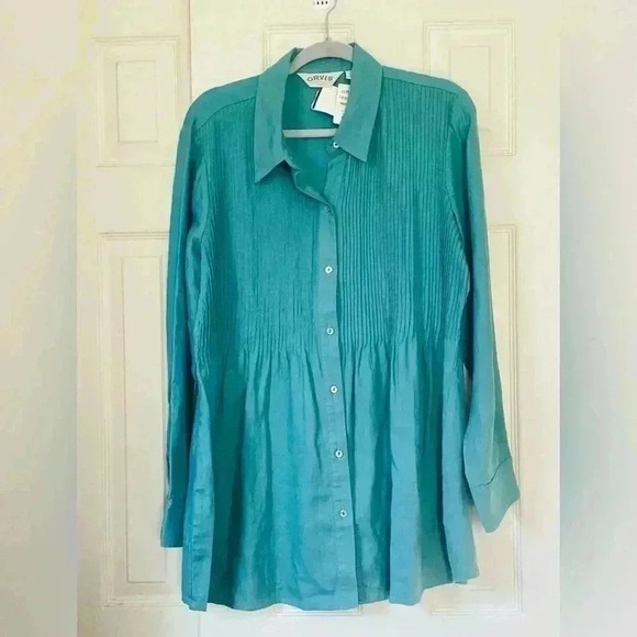NWT Orvis Ocean / Teal Green button down 100% linen shirt Size Large - Picture 1 of 5